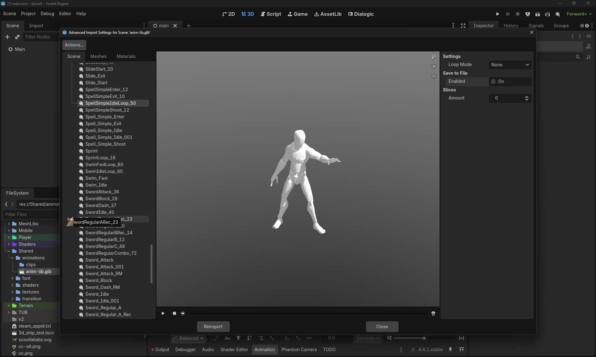 Advanced Import Settings showing 45+ animations in the library